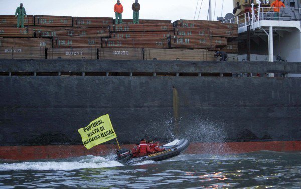 2005, Março - Acção conjunta com a Greenpeace no Porto de Leixões tenta impedir a chegada de um navio suspeito de transportar madeira ilegal proveniente da Amazónia. © Greenpeace/Nick Cobbing